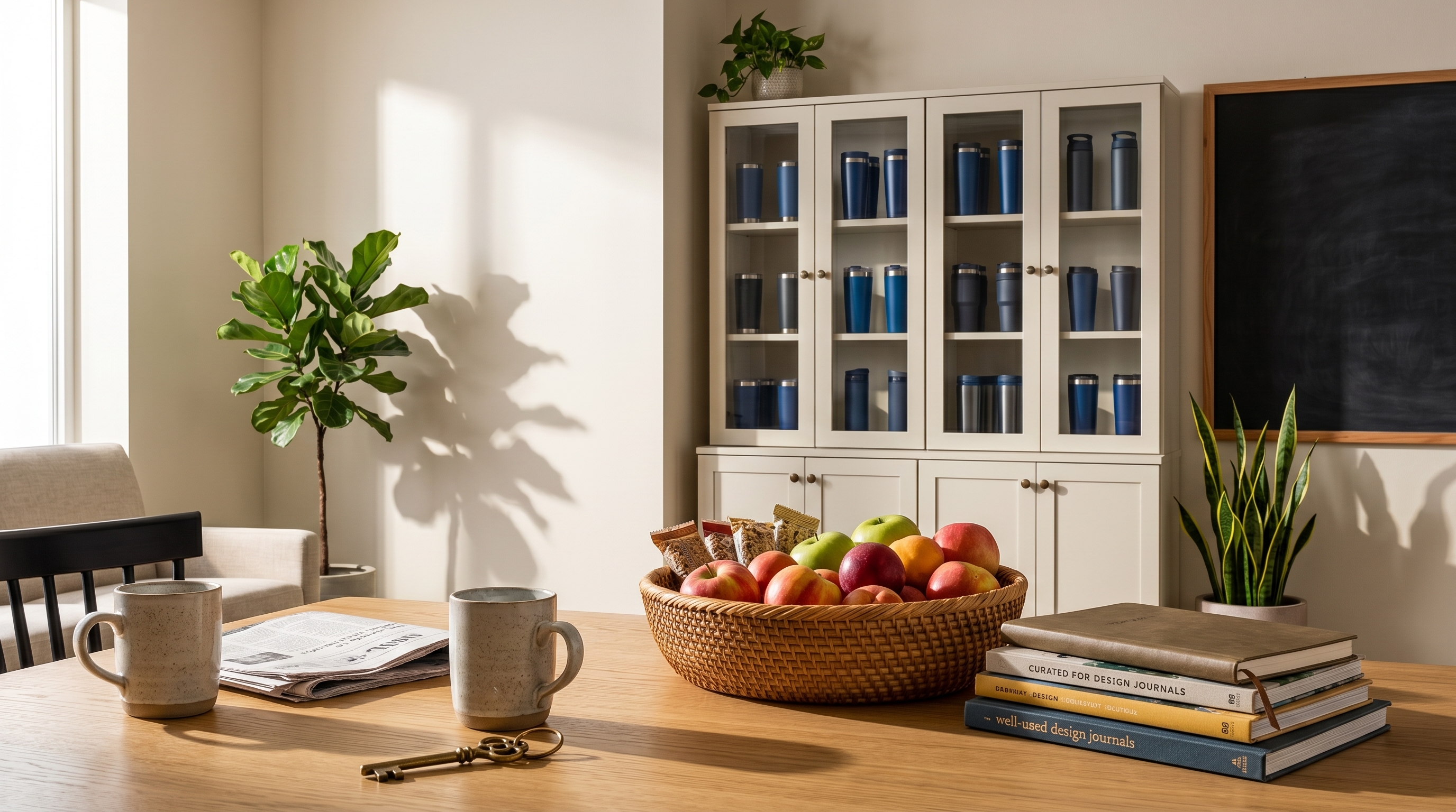 Editorial wide-angle interior of a quiet, warmly lit teachers' lounge with neutral props, a cream wall, deep navy cabinetry, and a single warm editorial accent under soft directional daylight.
